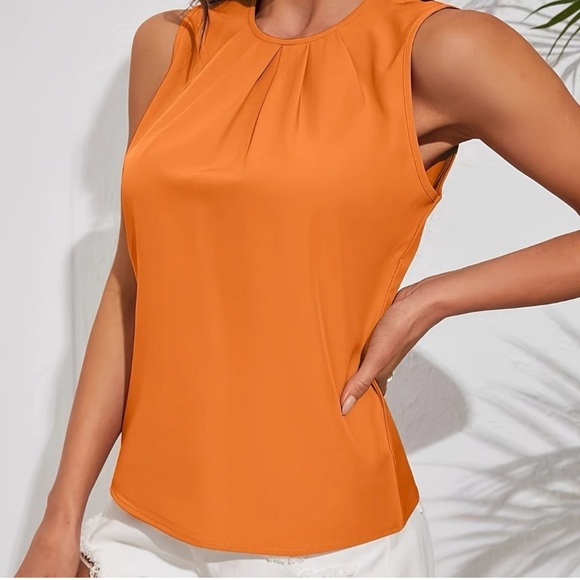 Passion of Essence Tops - Orange Solid Color Crew Neck Camisole Casual Sleeveless Blouse